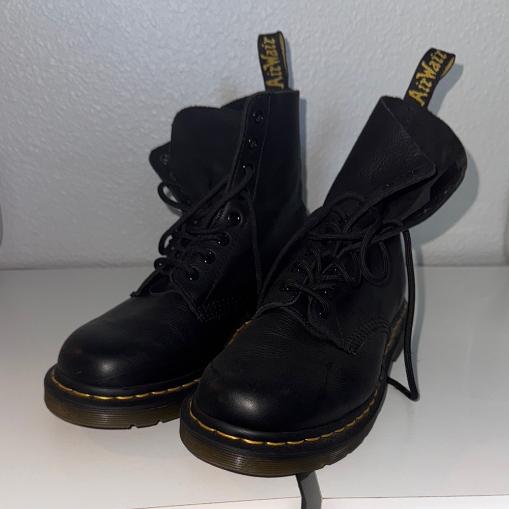 Dr. Martens Black Leather Combat Boots with Yellow Stitching